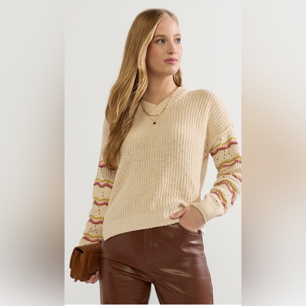 New Francesca’s Daphne Striped Sleeve Pullover Sweater